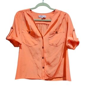Women's Amanda Uprichard 100% Silk Blouse Short Sleeve Button Up Peach P/XS